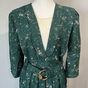 Vintage 1990s S.L. Petites Green Floral A-Line Dress with Belt